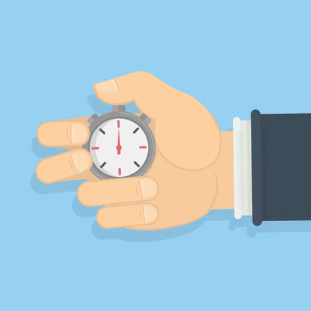 Stopwatch in the hand on blue background. Timer for time measurement. Idea of deadline, fast life and competition.のイラスト素材