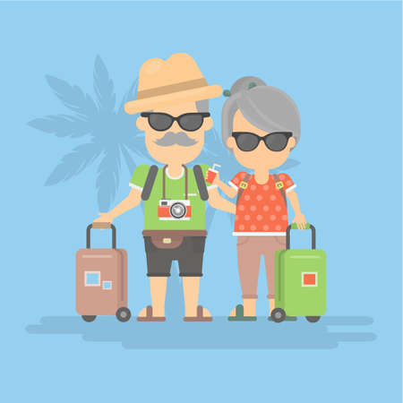 Isolated retired couple on vacation. Happy funny grandparents in sunglasses with cameras and suitcases.のイラスト素材
