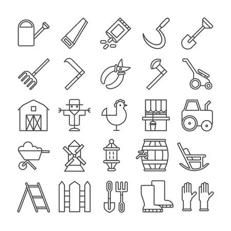 Farm icons set on white background. Harvest, dairy products, animals and gardening tools. Gloves, barn and chicken.のイラスト素材