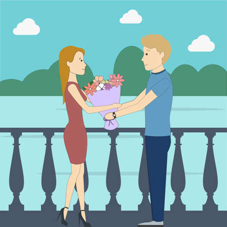 Dating on bridge or near pond. Young beautiful couple with flowers. Idea of romantic dating illustration.のイラスト素材