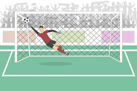 Goalkeeper in the gates on the football field. Soccer game. Athletic young champion.のイラスト素材