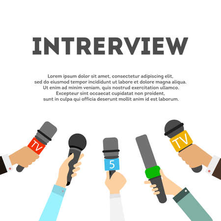 Interview concept with microphones on white background. Newsmakers and interviewers. Different tv signs. Hands holding devices.のイラスト素材