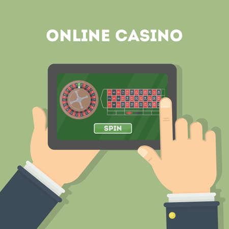 Online casino in the tablet. Hands holding device with gambling game. Gaming addiction.のイラスト素材