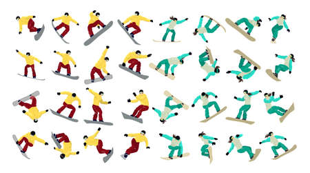 Snowboarding set on white background. Professional athlete. Extreme sport. Female and male athletes.のイラスト素材