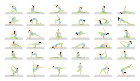 Yoga workout for women set on white background. Different poses and asanas.のイラスト素材