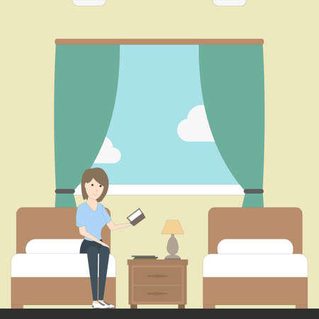 Hotel room service with host. Contemporary design. Hotel bedroom with bed, chair, lamp and window.のイラスト素材
