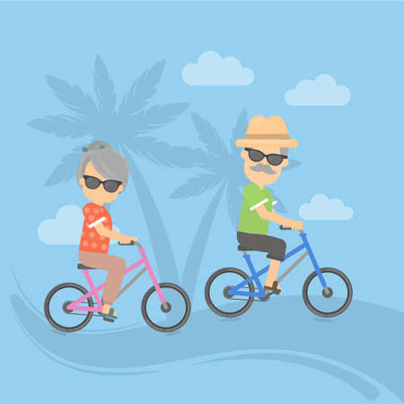 Isolated retired couple on vacation. Happy funny grandparents in sunglasses cycling on the exotic landscape.のイラスト素材