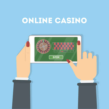 Online casino in the tablet. Hands holding device with gambling game. Gaming addiction. Woman plays.のイラスト素材