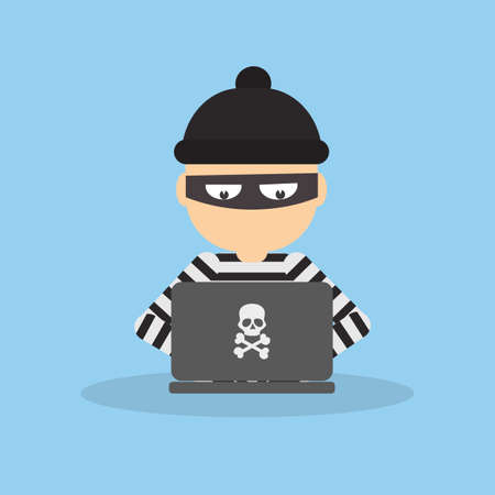 Criminal hacker with laptop. Funny cartoon thief in black mask stealing information from laptop. Concept of fraud, cyber crime.のイラスト素材