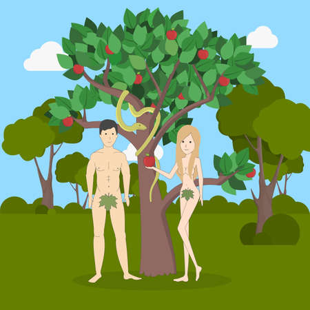 Adam and Eve near the apple tree with snake. Forest landscape. Concept of biblical characters showing sin. Christianity.のイラスト素材