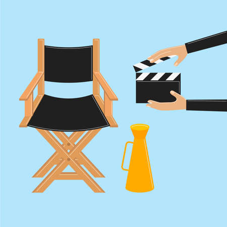 Directors chair with clapboard on blue background. Filmmaking equipment as megaphone and clapboard.のイラスト素材