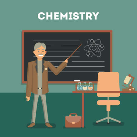 Chemistry classroom with teacher or professor. Science at shool or university. Chemical lab. Room with board, table and bottles.のイラスト素材