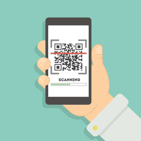 Scanning qr code with smartphone. Mobile scan app for reading information online about place or product.のイラスト素材