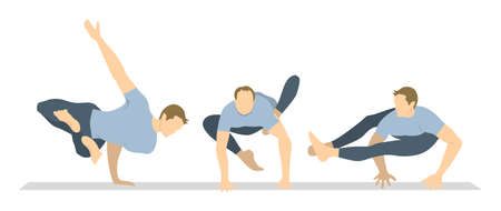 Yoga workout set on white background. Different poses and asanas. Healthy lifestyle. Body stretching. Exercises for men.のイラスト素材
