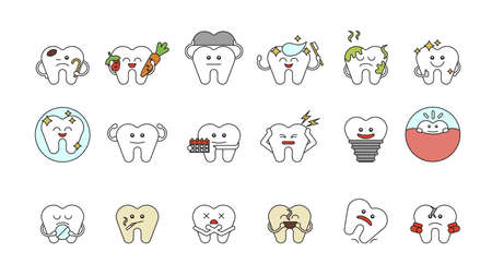 Funny teeth set on white background. Concept of dental care. Different cartoon teeth with emotions.のイラスト素材