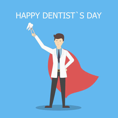 Happy dentists day celebration card with doctor in red superhero cape.のイラスト素材