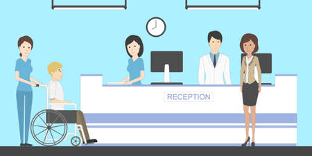 Reception in hospital with patients. Waiting room with disabled man. Healthcare.のイラスト素材