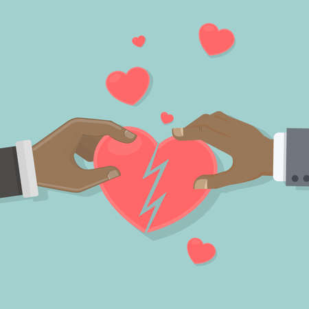 Heart recovery concept. Two african american hands hold and connect pieces of heart.のイラスト素材