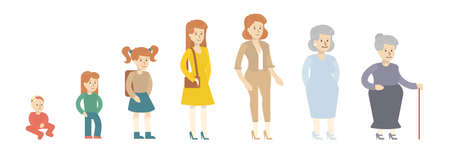 Female age evolution on white background. From kid to grandmother. All stages of maturity.のイラスト素材