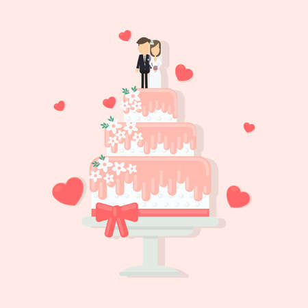 Isolated wedding cake with decoration as figures of wife and husband, ribbons and flowers.のイラスト素材