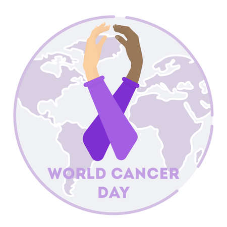 World cancer day. Hands holding and making World cancer day symbol on the world map background. Concept of global issues. Caucasian and african american hands.のイラスト素材
