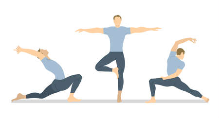 Yoga workout set on white background. Different poses and asanas. Healthy lifestyle. Body stretching. Exercises for men.のイラスト素材