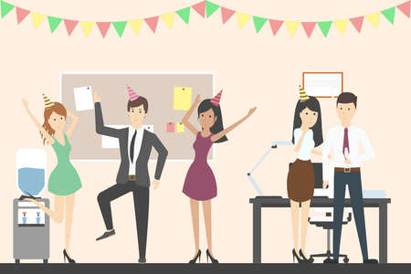 Office party dance. Holiday corporate dinner and disco. All staff in celebrating hats. Office with decoration.のイラスト素材