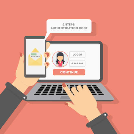 Two steps authentication on computer. Login and password. Verification with sms on smartphone. Woman.のイラスト素材