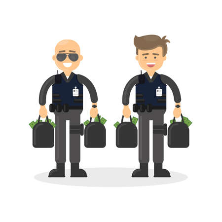 Cash transit guards on white background. Two smiling men in bulletproof vests with money bags.のイラスト素材