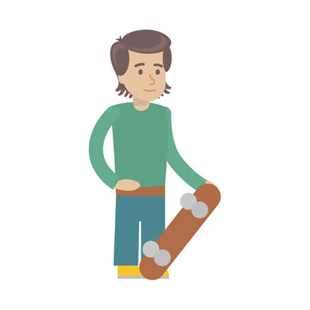 Isolated skater boy on white background. Cartoon character with skateboard. Cool and rock teen.のイラスト素材