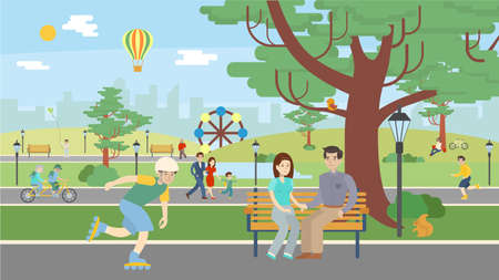 Fun in the park. Happy citizens relax in the park and near the pond. Having fun. Roller skating.のイラスト素材