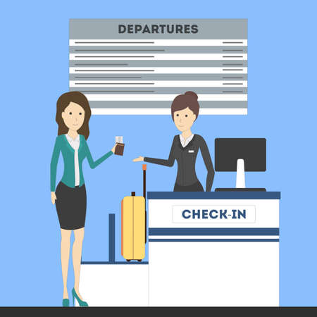Check in airport with lady on counter and female passenger with luggage. Departures board.のイラスト素材
