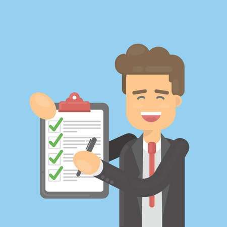 Businessman with check list on blue background. Happy smiling worker with clipboard and pen. Making things done. Productivity.のイラスト素材