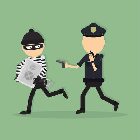 Thief and police officer. Funny cartoon thief in black mask stealing the safe. Police officer with gun.のイラスト素材