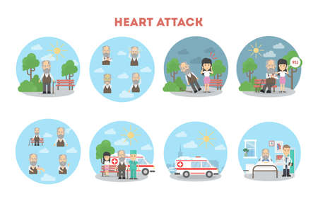 Heart attack infographic on white background. Symptoms and first aid.のイラスト素材