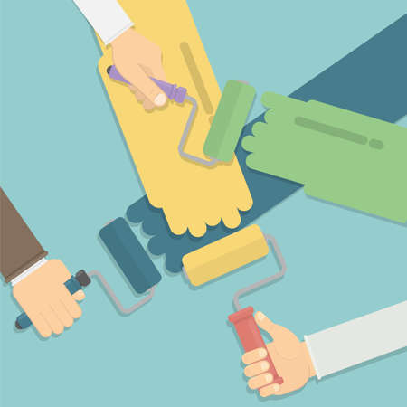 Hands with paint rollers painting the wall. Idea of repair and teamwork.のイラスト素材