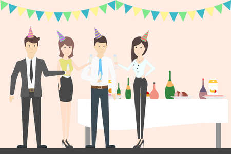 Office party cheers. Holiday corporate dinner and disco. All staff in celebrating hats. Office with decoration.のイラスト素材