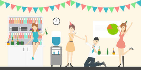 Office party karaoke. Holiday corporate dinner and disco. All staff in celebrating hats. Office with decoration.のイラスト素材