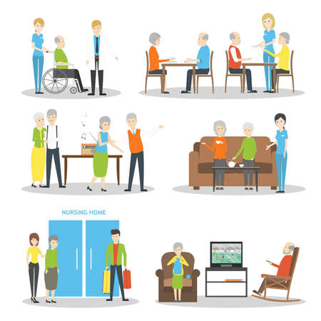 Nursing home set on white background. Seniors and helpers. People relax and do hobbies.のイラスト素材