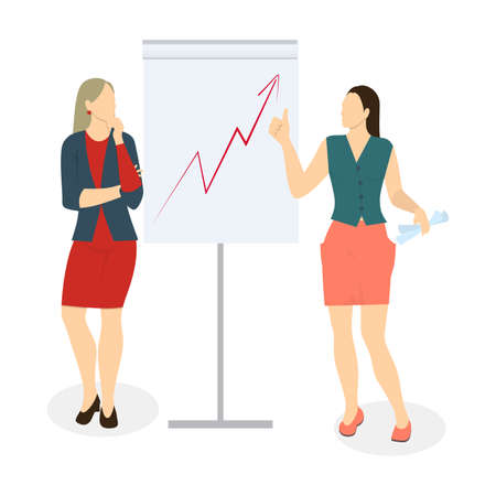 Women with presentation on white background. Concept of analyzing, working and marketing.のイラスト素材