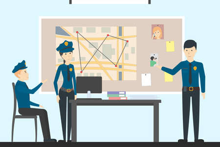 Detectives in police. Investigation, solution and detection. Investigating the crimeのイラスト素材