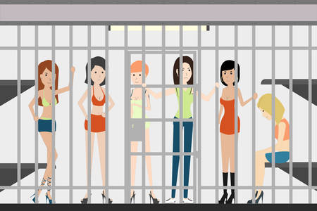 People in jail in police station. Dangerous prisoners. Guilty and isolated. Prostitutes.のイラスト素材