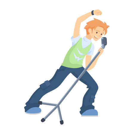 Isolated song leader on white background. Cool singer and musician. Boy with mic.のイラスト素材