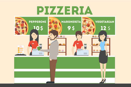 Pizzeria. People on cashier make order and pay for pizza.のイラスト素材