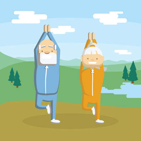 Old couple meditates outdoors.Active and healthy lifestyle for retired people.のイラスト素材