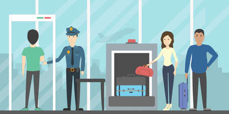 Airport security check. People and luggage are checked by police in the detector gate and x-ray.のイラスト素材