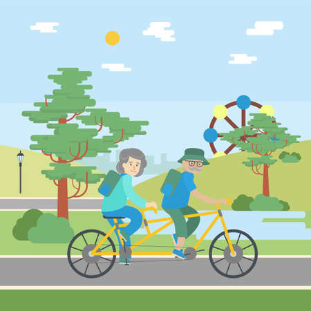 Old couple cycling. Happy citizens relax in the park and near the pond.のイラスト素材