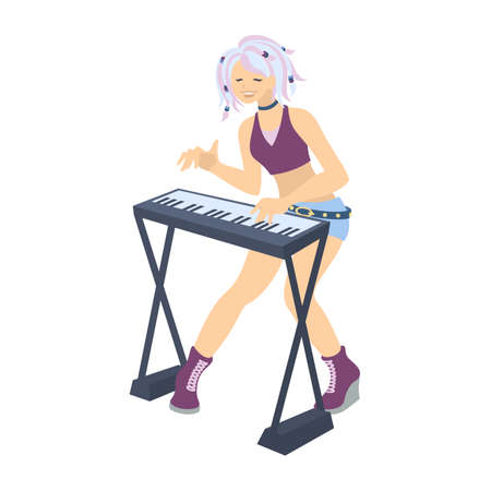 Isolated piano player on white background. Cool singer and musician. Girl in rock outfit.のイラスト素材