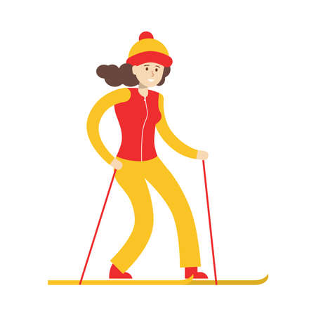 Isolated girl skiing. Woman in winter outit. Winter sport activity.のイラスト素材