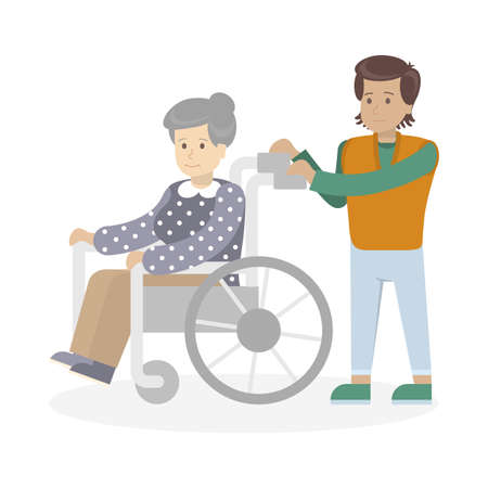 Isolated disabled woman on white background. Old woman in wheelchair with helper.のイラスト素材